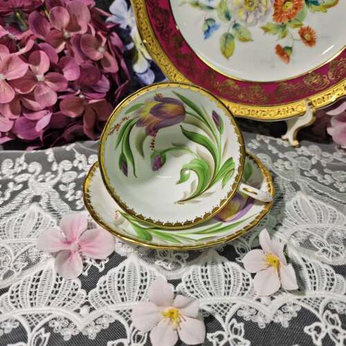 西洋古董 tuscan 手绘大花苞郁金香 双签名阔口骨瓷咖啡杯碟 现货 - 图1