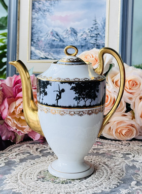 西洋古董 老捷克 iris 黑釉手绘人物风景图案壶糖奶杯碟套系现货