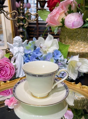 西洋古董 minton 明顿奶白釉黑色花环骨瓷咖啡杯碟 现货