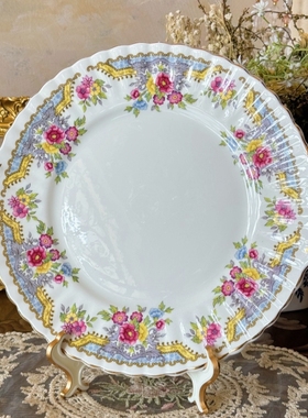 西洋古董 salisbury 彩色开窗花卉双耳蛋糕盘 现货