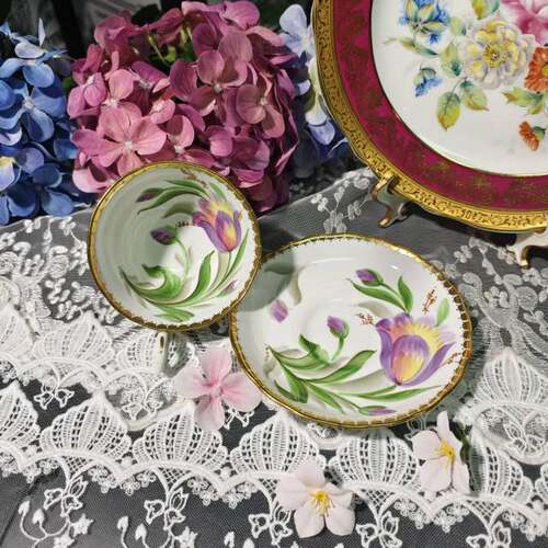 西洋古董 tuscan 手绘大花苞郁金香 双签名阔口骨瓷咖啡杯碟 现货 - 图0