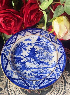 西洋古董 Worcester 伍斯特 青花庭院风景图案零食盘 兰柳盘 现货