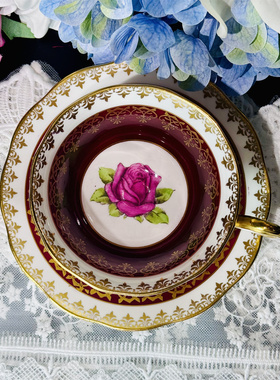 西洋古董 albert picardy rose 钴红大玫瑰鎏金骨瓷咖啡杯碟 现货