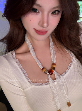 白色蕾丝串珠丝巾项链春夏系脖