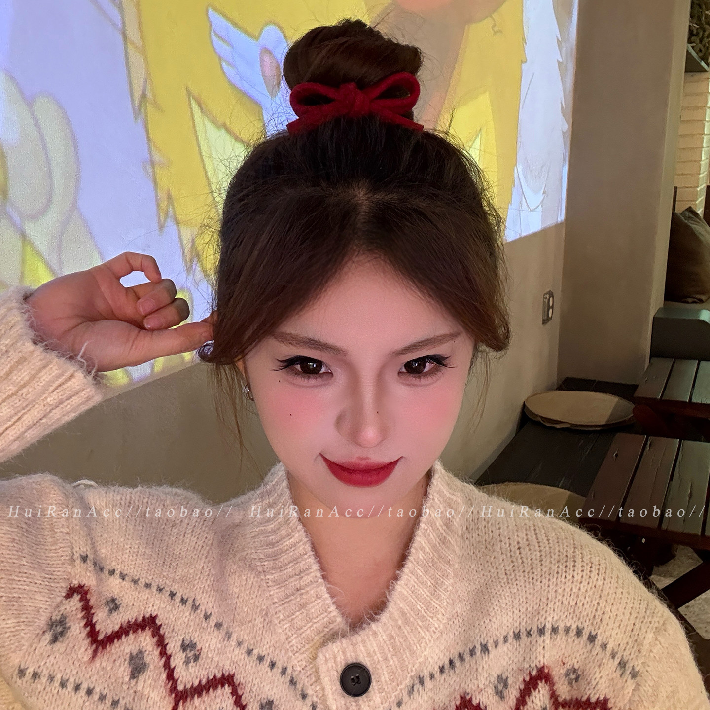 新年喜庆红色毛呢蝴蝶结发圈女2026新款丸子头发绳橡皮筋甜美发饰,淘宝优惠券,粉丝福利购,淘宝优惠卷