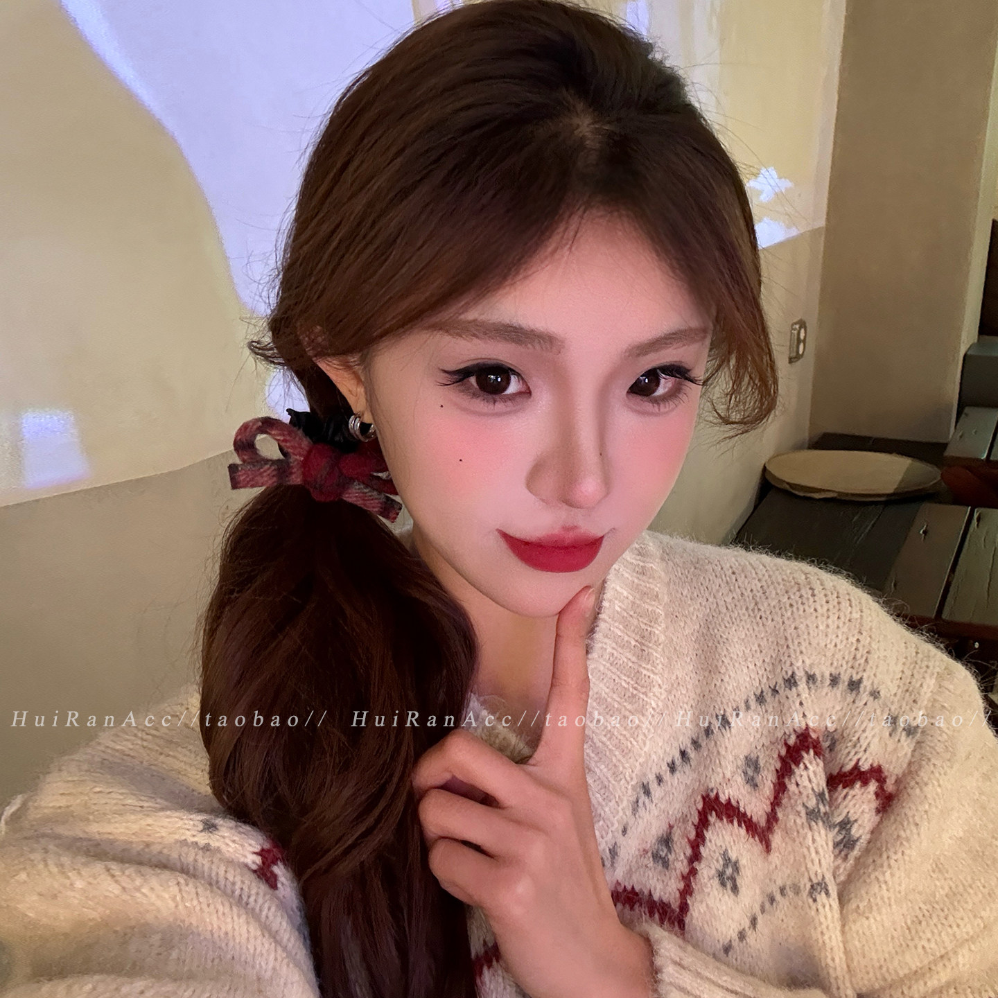 新年喜庆红色毛呢蝴蝶结发圈女2026新款丸子头发绳橡皮筋甜美发饰,淘宝优惠券,粉丝福利购,淘宝优惠卷