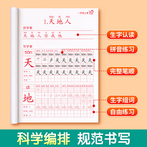 一年级二年级三小学生生字练字帖四五六字帖上册下册语文同步每日一练笔画笔顺练描红人教版专用练习册写字硬笔书法练字本暑假楷书-图1