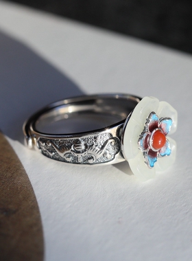 纯银和田玉珐琅彩民族风戒指