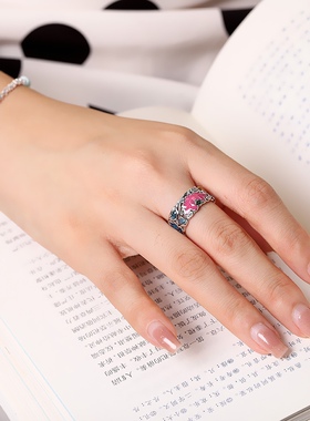 语诺南方南方纯银饰品女款民族风优雅轻奢手工景泰蓝开口戒指