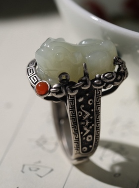 貔貅和田玉民族风纯银女款戒指