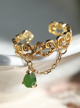 纯银碧玉流苏复古风超仙戒指