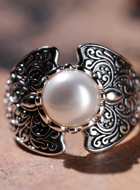 纯银复古风个性珍珠大戒指