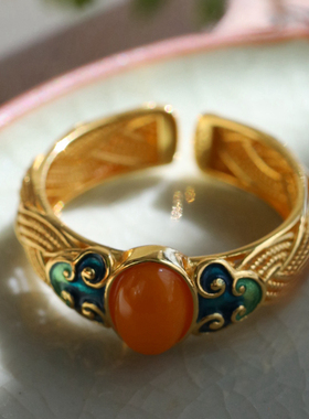 纯银琥珀蜜蜡复古民族风戒指