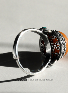 琥珀蜜蜡平安扣复古民族风戒指