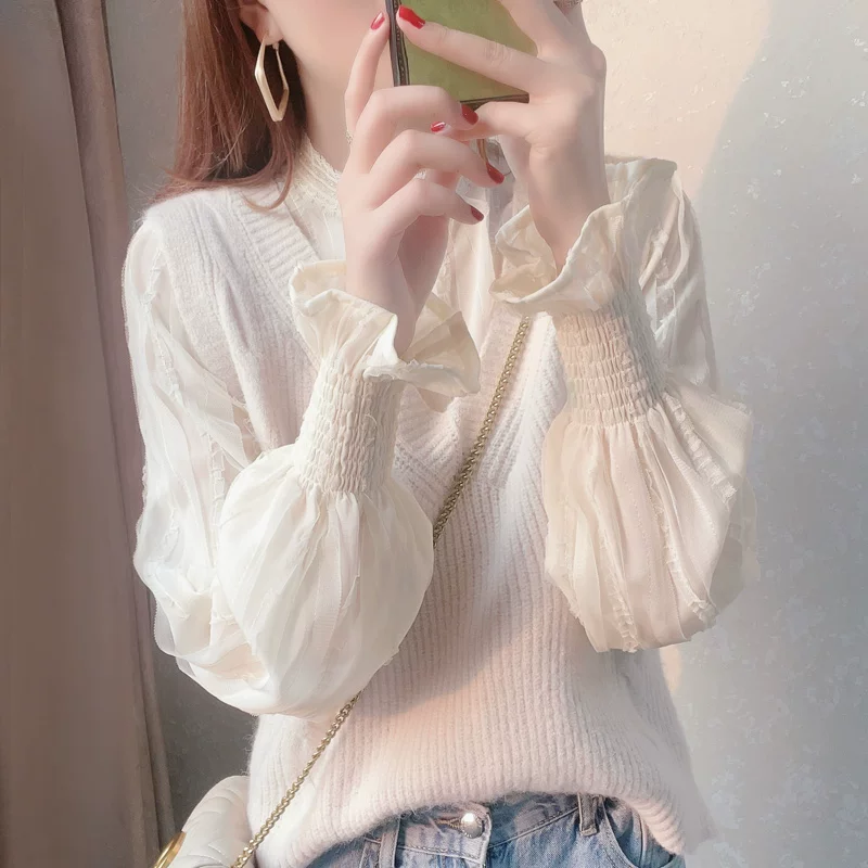 Lace silk body-friendly autumn thin megaphone, sweater, french style, high collar