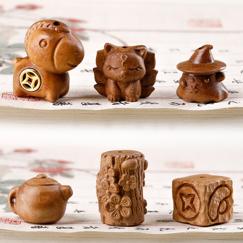 桃木雕刻可爱配件生肖马 爱心福袋饰品diy文玩手串念珠吊坠配件 - 图1