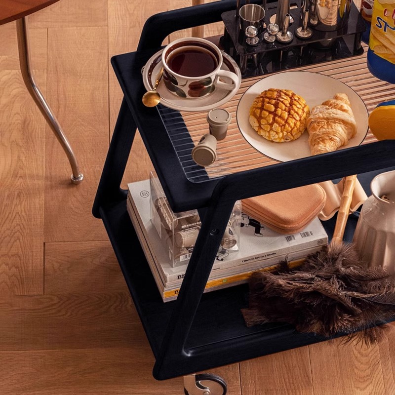 中古侘寂客厅家用沙发边几可移动万向轮小推车置物实木玻璃收纳架 - 图3