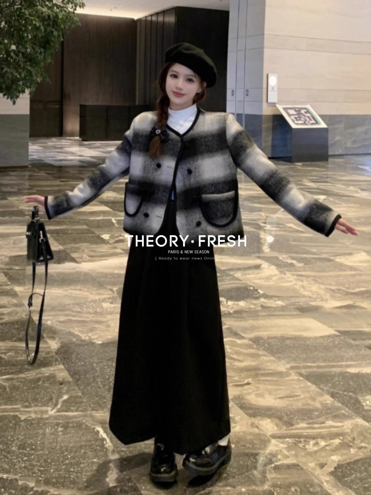 THEORY FRESH法式复古小香风格纹毛呢外套女秋冬短款设计感两件套