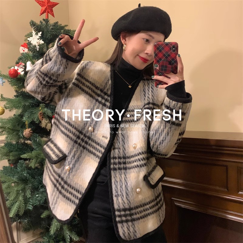 THEORY FRESH法式高级感粗花呢格子外套女通勤风夹棉加厚毛呢大衣