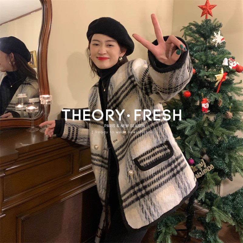 THEORY FRESH法式高级感粗花呢格子外套女通勤风夹棉加厚毛呢大衣