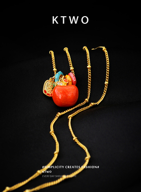 新中式红苹果项链女小众滴釉时尚设计平安喜乐吊牌锁骨链新年礼物