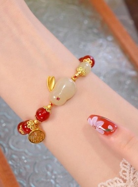 钱兔无量玉兔手链福牌好运和田钰手串ins高颜值显白闺蜜手链