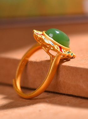 新疆天然和田玉碧玉925银蛋面戒指女款玉石指环开口可调节戒子