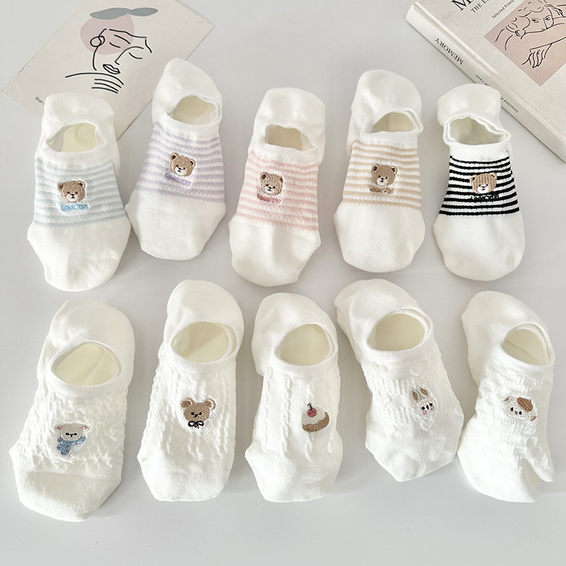可爱卡通刺绣小熊船袜女士夏季薄款白色浅口隐形防滑不掉跟短袜,淘宝优惠券,粉丝福利购,淘宝优惠卷