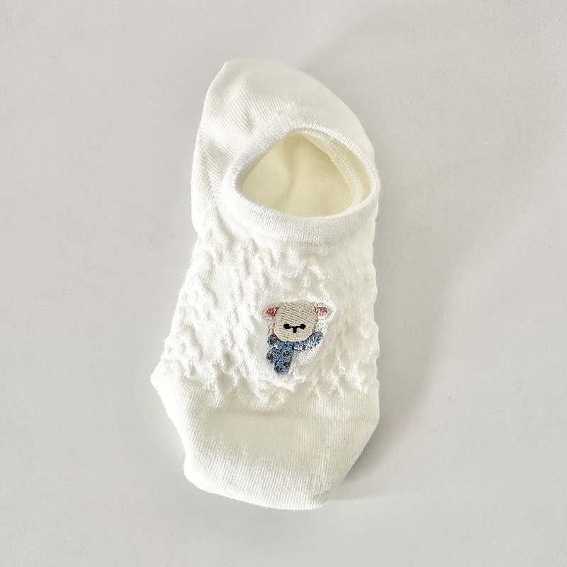 可爱卡通刺绣小熊船袜女士夏季薄款白色浅口隐形防滑不掉跟短袜,淘宝优惠券,粉丝福利购,淘宝优惠卷