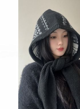 美拉德费尔岛羊毛混纺巴拉克拉法帽子女秋冬季保暖围脖一体针织帽
