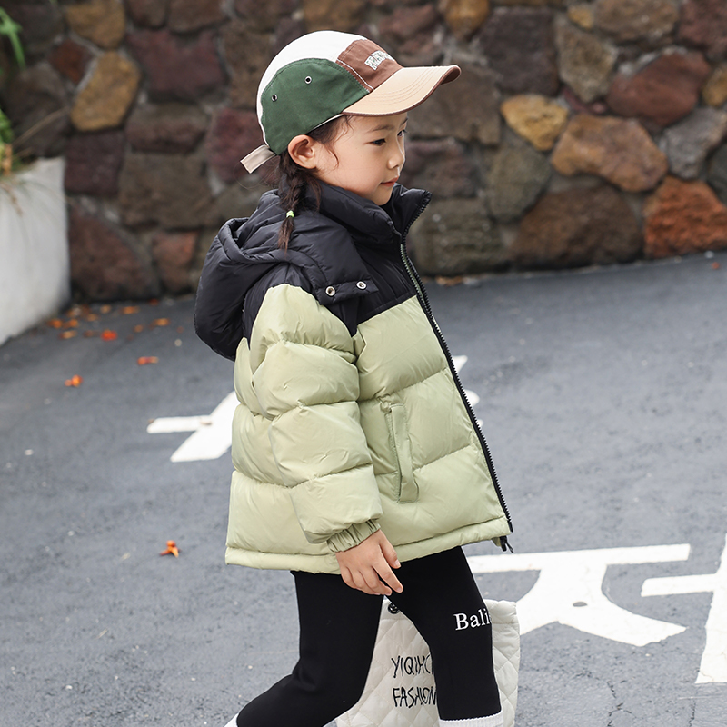 反季童装儿童羽绒服中小童宝宝拼色连帽外套男女童加厚短款白鸭绒 - 图1
