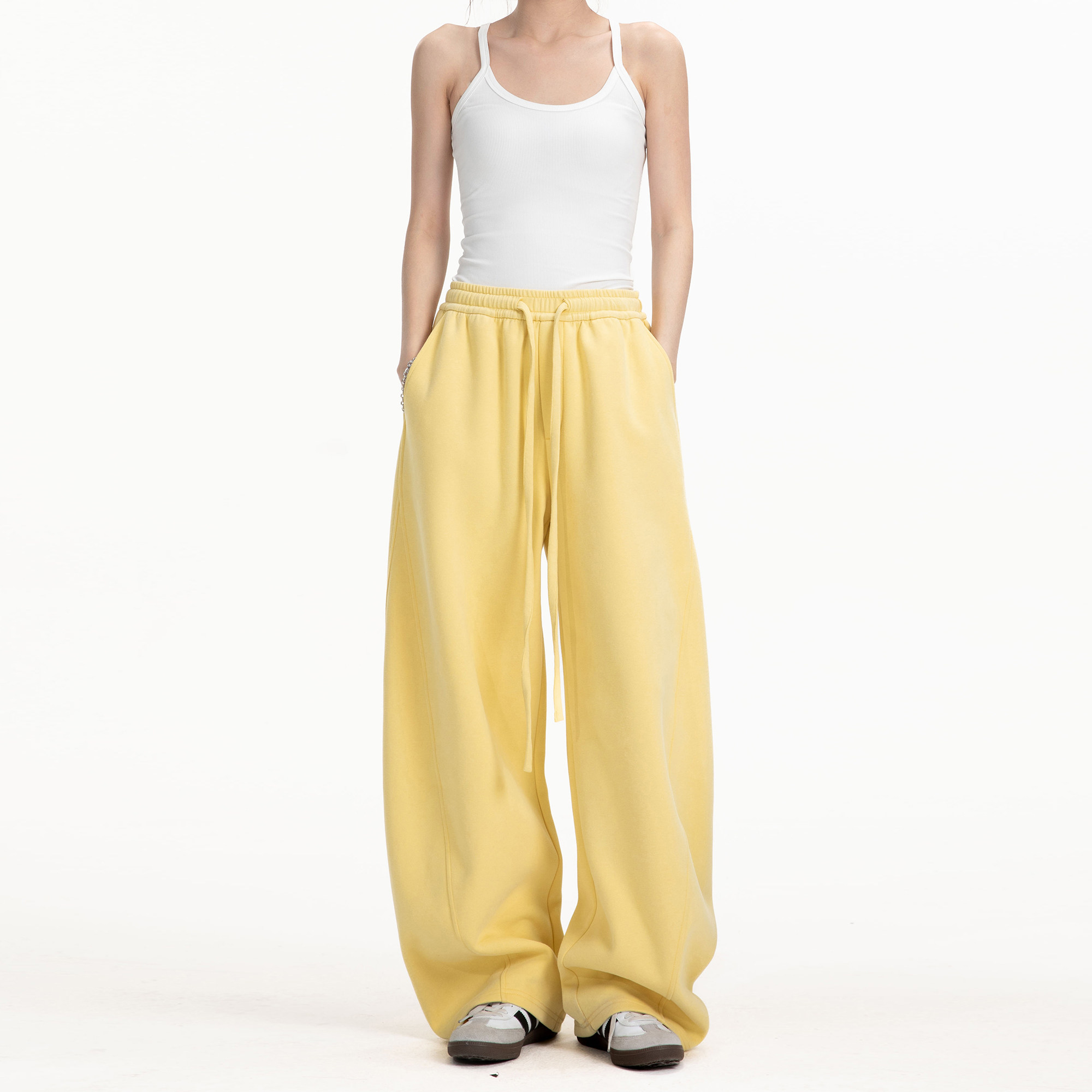 美式黄色弯刀裤加绒卫裤女秋冬慵懒风宽松阔腿裤休闲加厚运动裤子,淘宝优惠券,粉丝福利购,淘宝优惠卷