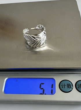 S925纯银女戒指镂空树叶实心5.1g重工高级感羽毛叶子开口可调指环