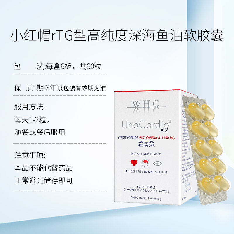 WHC 小红帽rTG型高纯度深海鱼油软胶囊omega3 DHA中老年心脑60粒 - 图1