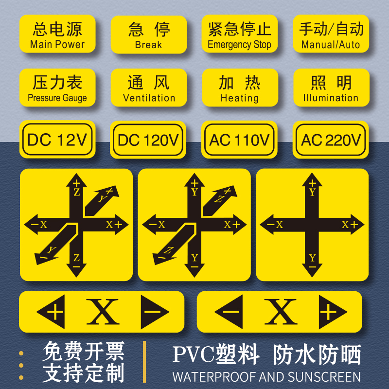 电源开关急停设备机械机器贴PVC胶片电器电气标识牌启动复位停止故障指示灯提示牌通风手动/自动标签贴定制-图1