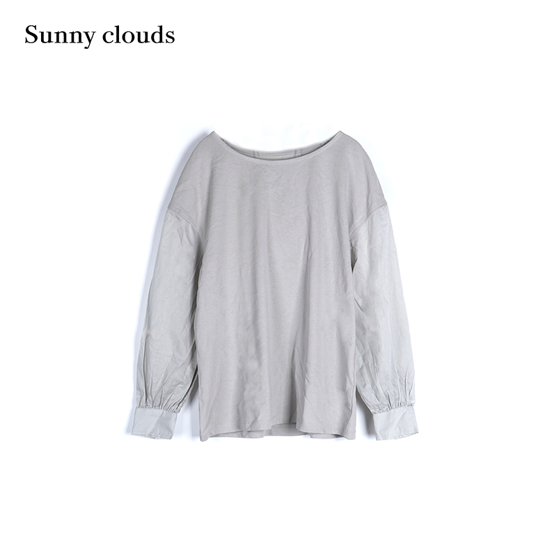 春季新品 桑妮库拉/Sunny clouds纯棉落肩针织拼接罩衫米灰色上衣 - 图0