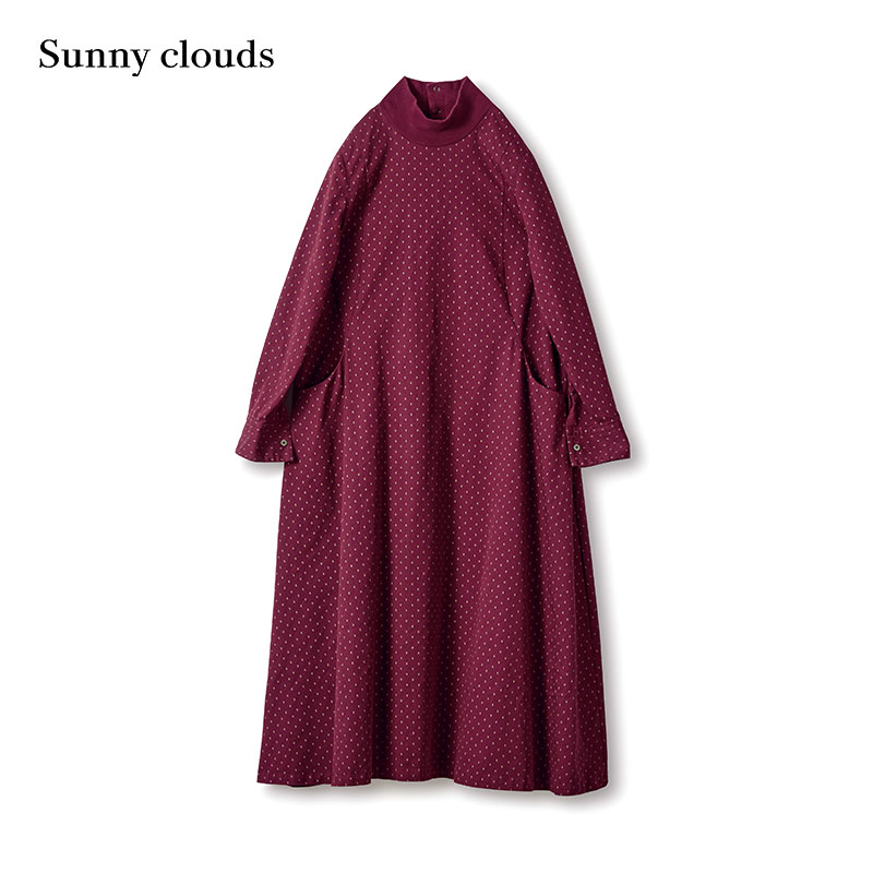 Sunny clouds 女式纯棉半高领异形圆点印花连衣裙（酒红） - 图0