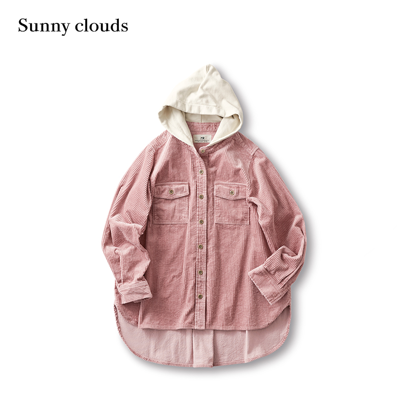 冬季新品 桑妮库拉/Sunny clouds女纯棉叠穿风连帽条绒衬衫藕粉色 - 图0