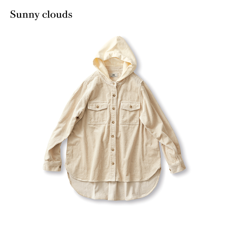 冬季新品 桑妮库拉/Sunny clouds女纯棉叠穿风连帽条绒衬衫象牙白 - 图0