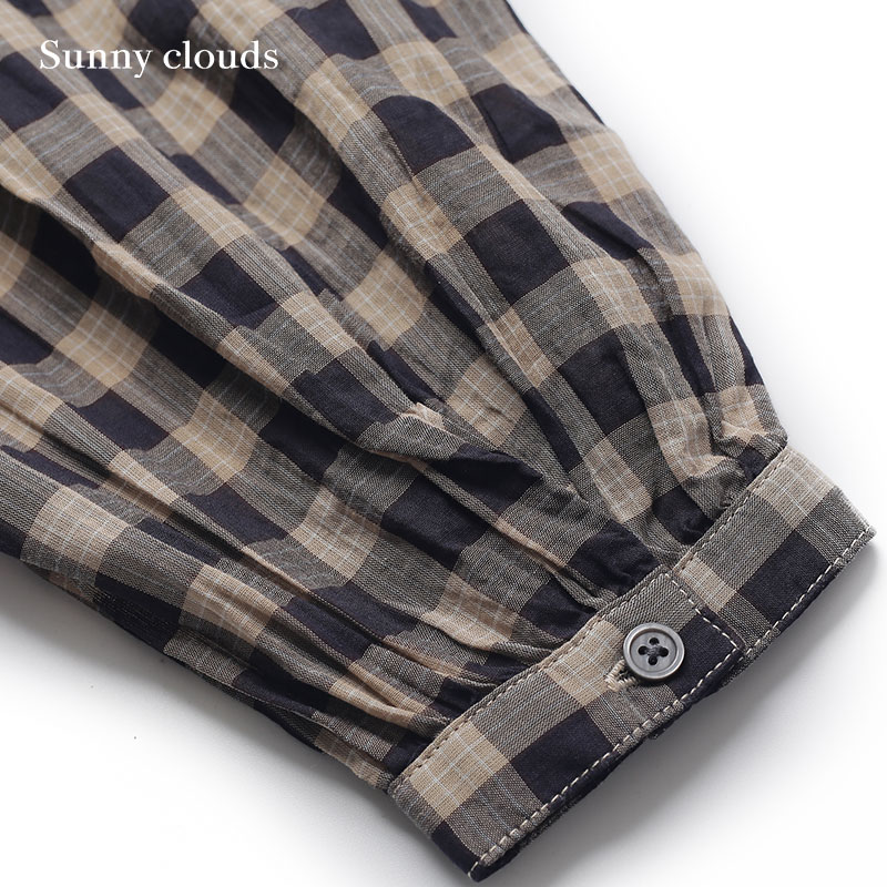 Sunny clouds Shuttle Notes日本面料 女式纯棉多褶格子衬衫 - 图3