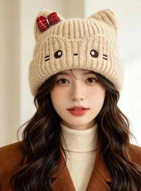 甜美可爱猫咪蝴蝶结针织帽秋冬季百搭保暖防寒帽子女显脸小毛线帽