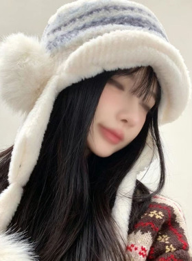 冬季保暖毛线帽加绒护耳设计韩系甜美风街头拍照神器显脸小雷锋帽