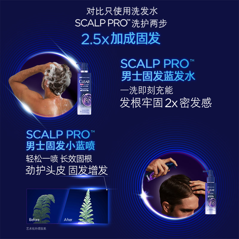 清扬男士洗发水蓝发水+头皮精华喷雾小蓝喷增发固发