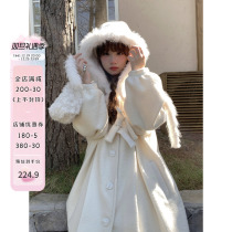 sinsingirSnow pine milky autumn winter coat jacket woman white long sleeve with cap loose fur