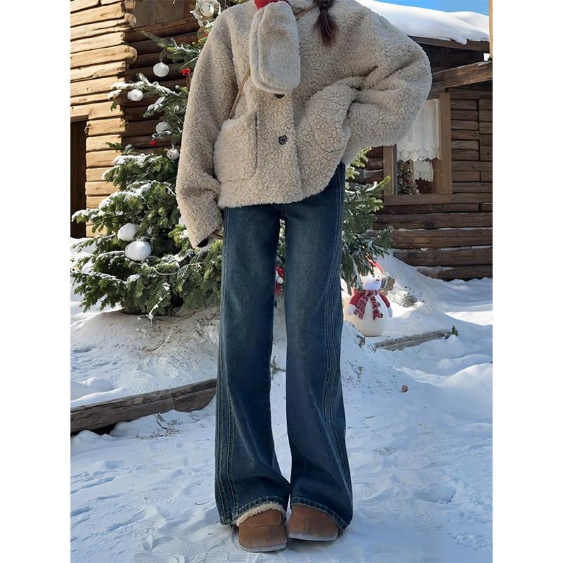 覆古加绒阔腿裤女秋冬新款梨形大尺码显瘦弹力牛仔裤百搭高腰拖地 - 图0