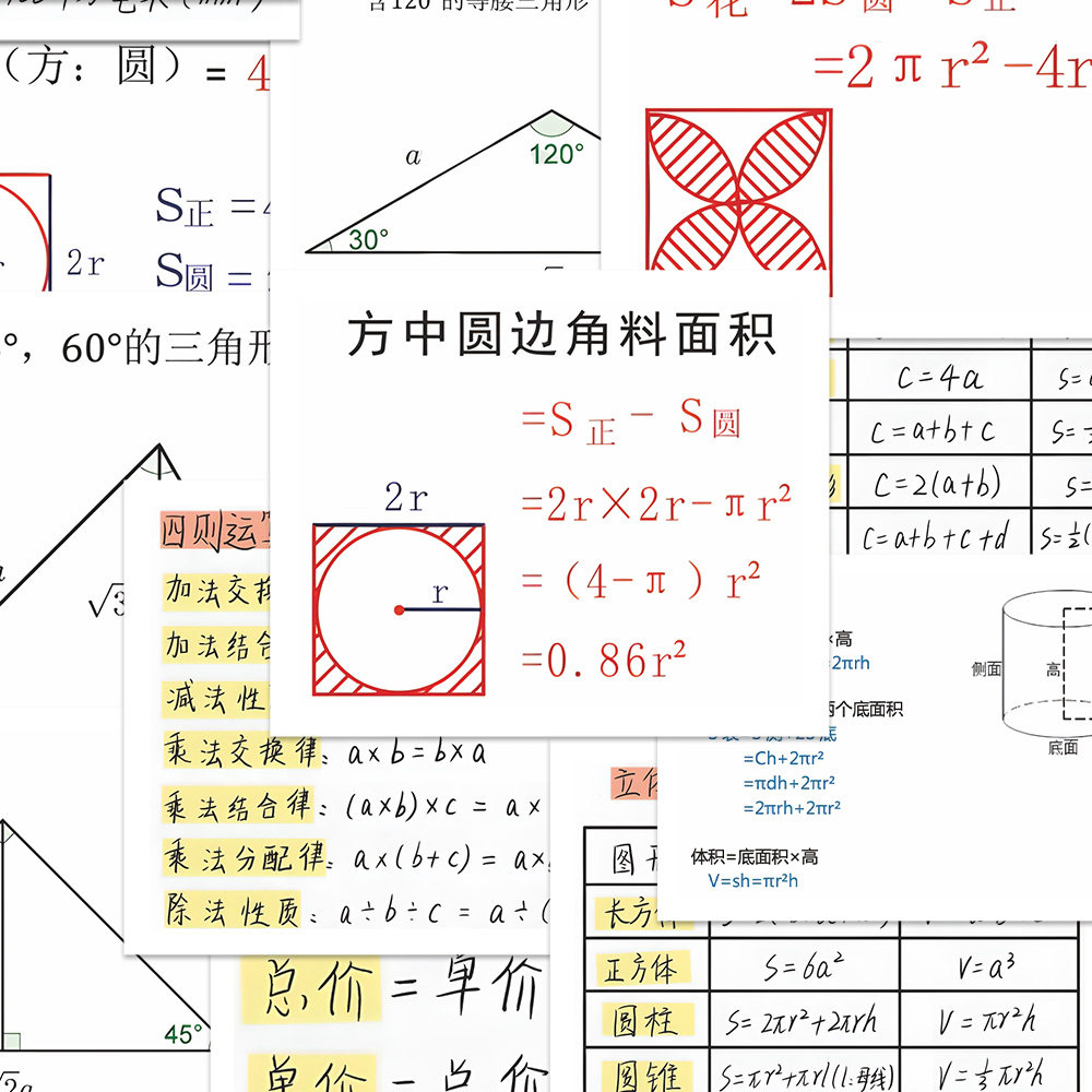 160张基础数学公式大全几何面积计算知识点汇总学霸笔记餐卡贴纸 - 图0