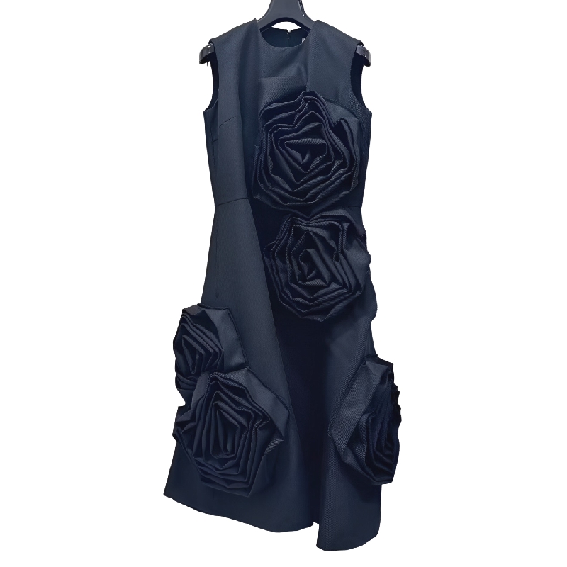 定制新2024入秋暗黑系先锋小众女装不规则拼接立体蔷薇花朵连衣裙 - 图0