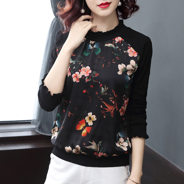 Large size slimming patchwork long-sleeved loose top women's t-shirt