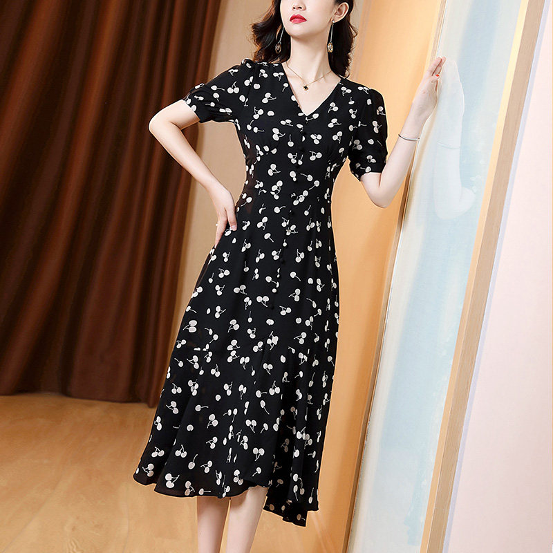 黑色碎花雪纺女夏2020新款洋气短袖 jinkaix连衣裙