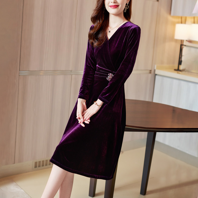 紫色金丝绒2022春秋新款高端连衣裙 jinkaix连衣裙